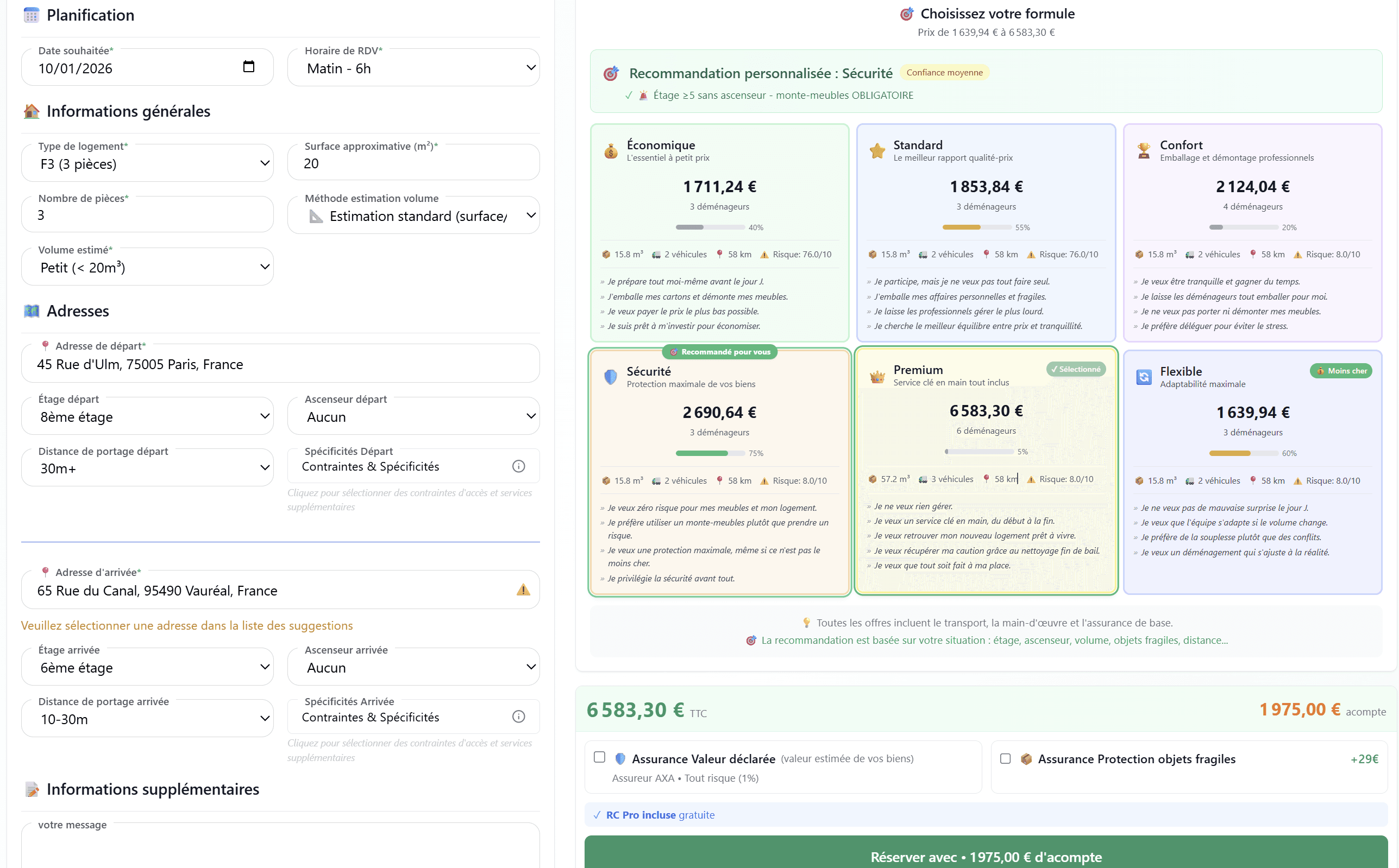 Capture d'écran du formulaire de devis avec calcul en temps réel montrant 6 formules comparables (Éco, Standard, Confort, Sécurité, Premium, Flexible) avec prix détaillés, nombre de déménageurs, volume, distance, score de risque, et section de réservation avec options d'assurance et acompte